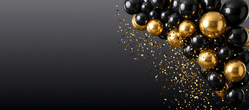Luxury Glossy Black and Gold Balloons with Golden Confetti on Dark Background, Premium Sale Celebration Banner with Copy Space, 3D Illustration for Black Friday Sale Banner.