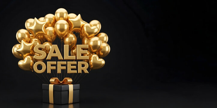Luxury Gold Sale Offer 3D Text with Golden Balloons and Black Gift Box on Dark Background, Premium Promotional Banner with Copy Space for Black Friday.