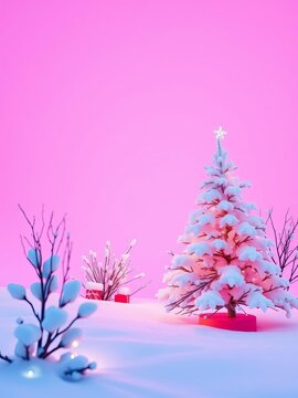 Vibrant pink winter holidays greeting card background with white Christmas tree and snow copyspace, seasonal, winter