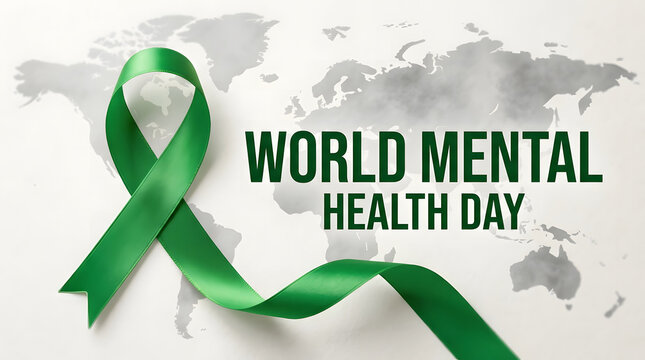 Green ribbon representing world mental health day awareness on global map background for medical support