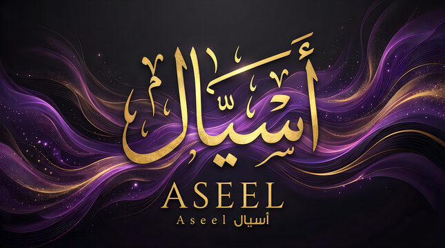 Aseel name in gold arabic calligraphy on abstract background