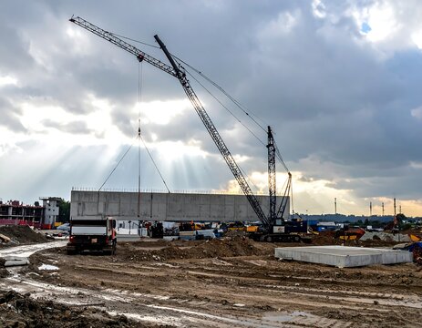 A large crane lifting a heavy concrete slab at an active industrial construction site under a dramatic cloudy sky. Ideal for civil engineering and real estate development projects.