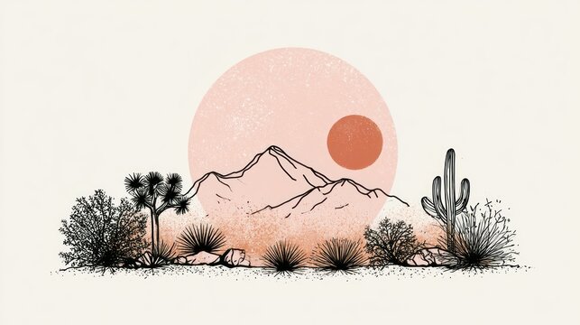 Desert landscape with mountains and sun line art illustration transparent background