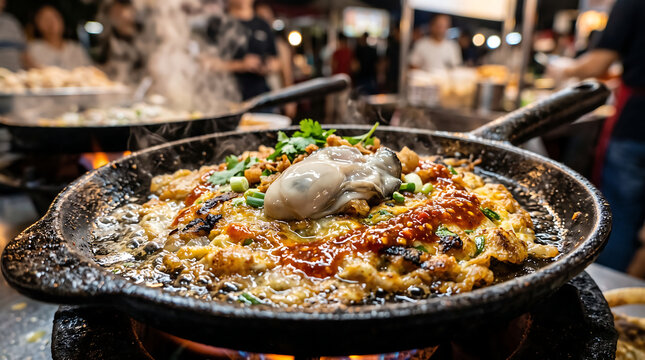 Sizzling Taiwanese Oyster Omelette Served in Hot Cast Iron Skillet at Night Market Close Up Food Photography