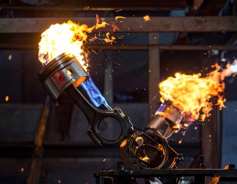 Dramatic close-up of a metal piston and connecting rod engulfed in flames and sparks inside a workshop. Ideal for automotive engineering and heavy industry concepts.