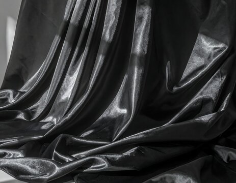 Elegant black fabric draping softly with natural lighting highlights. Ideal for luxury fashion branding and sophisticated dark background designs.