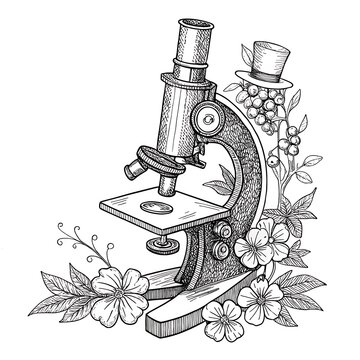 Vintage microscope with top hat and flowers illustration