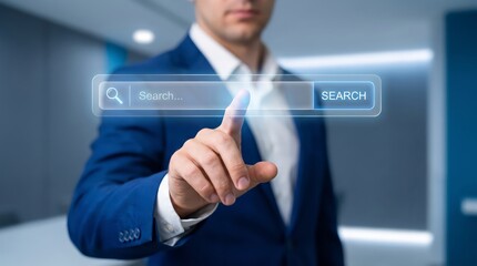 Obraz premium A business professional in a suit interacts with a digital search bar interface in office with businessman touches glowing modern office environment