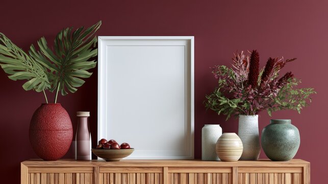 Modern interior display with empty white frame and floral arrangements on wood cabinet