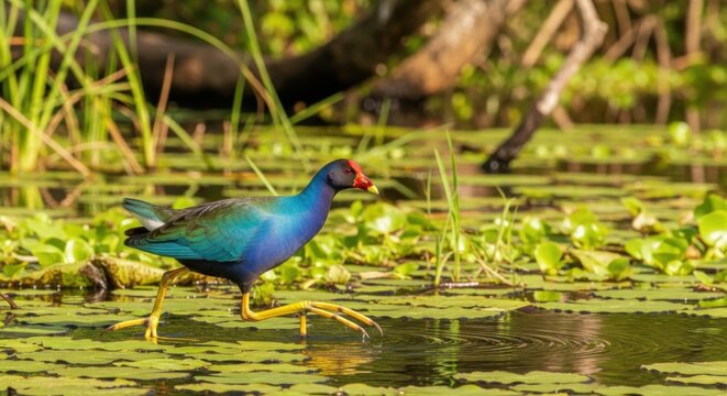 A vibrant purple swamphen bird walking across green lily pads in a wetland
