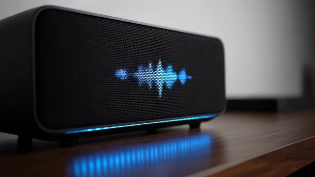 Close-up of a black Bluetooth speaker, with dynamic audio effects from a smart speaker