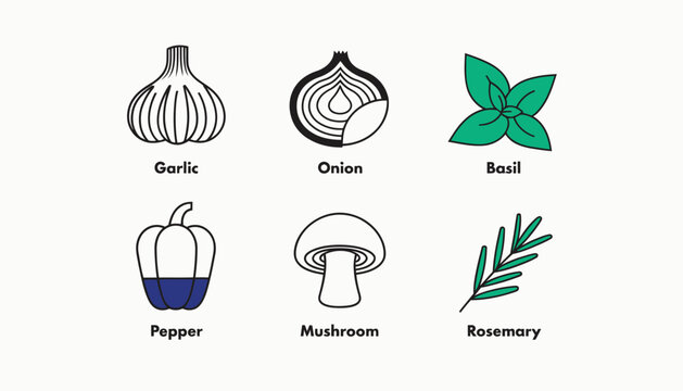 herbs and spices icons, garlic, onion, basil, pepper, mushroom, rosemary
