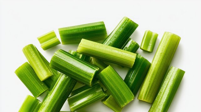 Heap of chopped celery stalks with transparent background and white backdrop