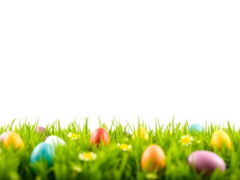 Colorful easter eggs hidden in bright green grass with daisies