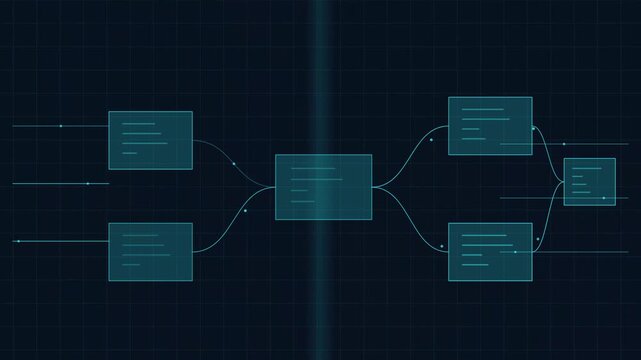 Abstract cyber security data flow diagram HUD interface graphic with database nodes and connection lines on dark grid background
