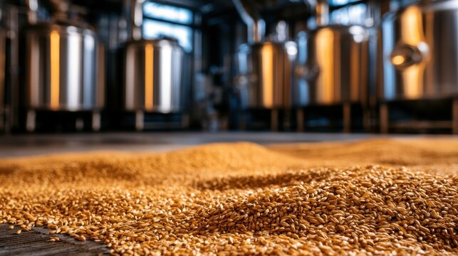 Golden wheat grains pile in a brewery with stainless steel tanks background