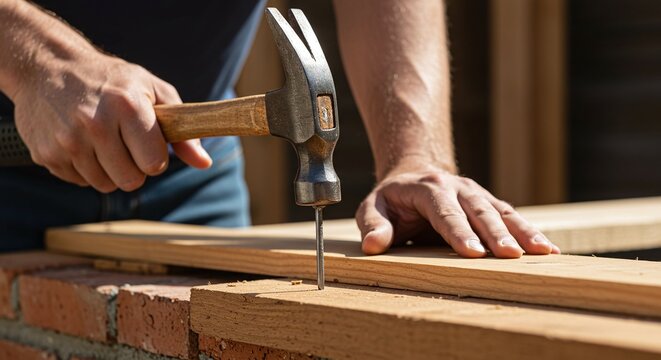 A person's hands using a hammer to drive a nail into a wooden plank on a brick base.Concept of carpentry and manual construction.