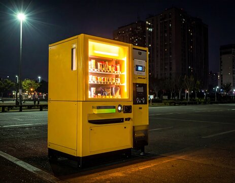 A bright yellow vending machine offering snacks and drinks outdoors at night in an urban setting. Ideal for urban lifestyle, convenience, and late-night city concepts.