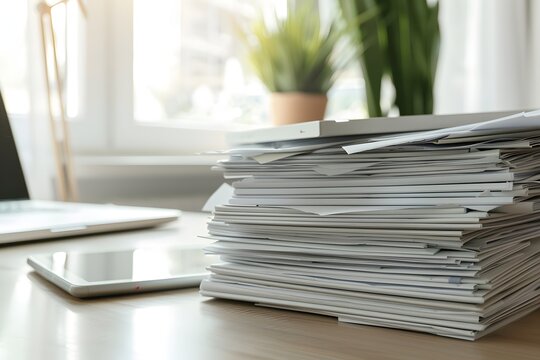 Hoher Papierstapel auf einem Schreibtisch als Symbol f&uuml;r B&uuml;rokratie und Arbeitsbelastung