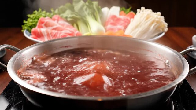 Hot pot ingredients are cooked in a hot pot scene, steaming hot pot food