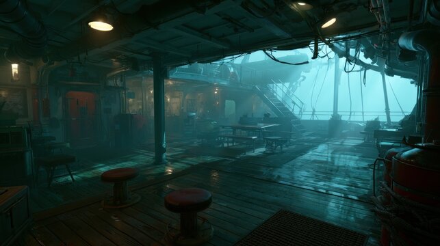Mysterious submarine interior with amber lighting and fog