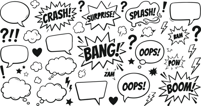 A collection of hand drawn comic book style speech bubbles and sound effects with various expressions isolated on a plain white background