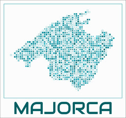 Fototapeta premium Majorca digital style map. Small square dots on white background. Dotted shape of the island. Majorca map and title. Creative vector illustration.