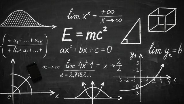 Mathematical formulas and geometric shapes drawn in chalk on a dark blackboard. Ideal for education and science concepts for academic publications.