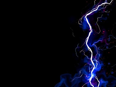 A powerful electrical discharge of blue and white lightning against a stark black background.