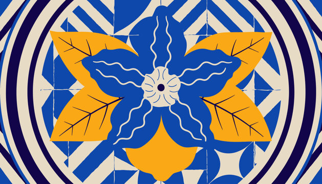 geometric flower design, blue and yellow pattern