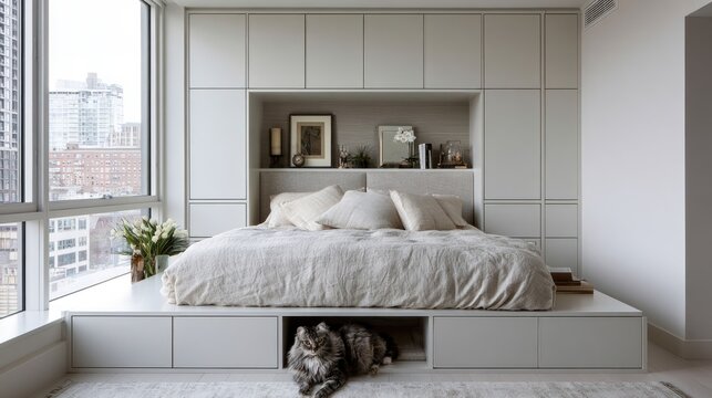 Cozy bedroom with integrated storage and city view cat resting