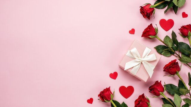 Red roses and a gift box arranged on a soft pink background. Romantic flat lay composition for Valentine's Day or wedding anniversary greeting card designs.