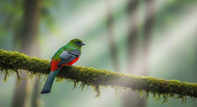 Vibrant green and red trogon bird perched on a mossy branch in forest