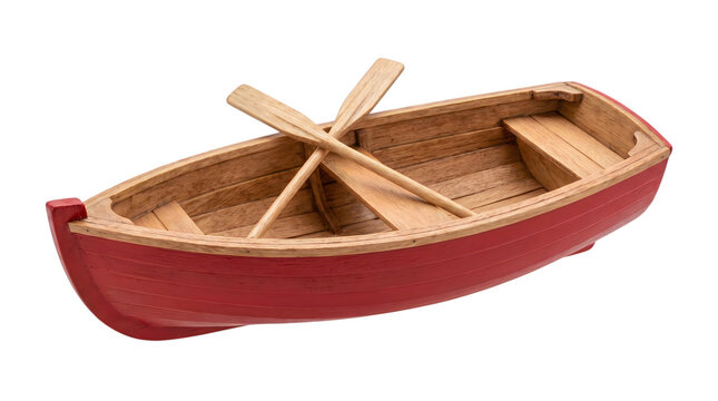Vintage red wooden rowboat with oars, classic timber rowing boat for lake fishing, handcrafted nautical vessel model isolated PNG with Transparent Background