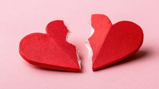 Red broken heart shape on a transparent background symbolizing heartbreak and separation