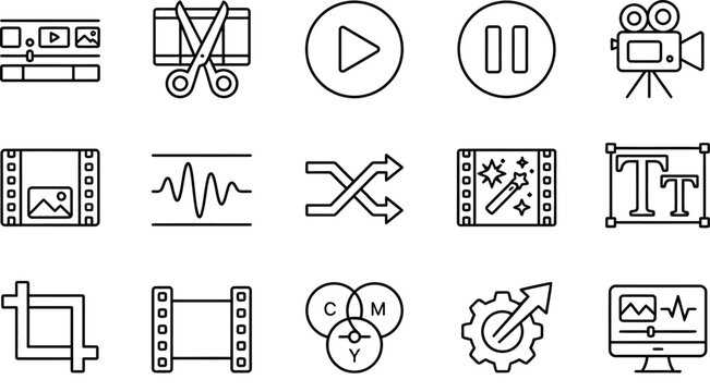 Video Editing Icons Set - Modern Flat Design for Timeline and Tools Collection