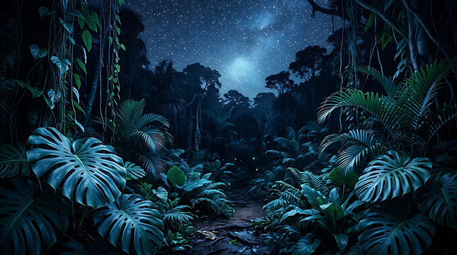 Enchanting tropical rainforest at night with a starry sky and glowing fireflies illuminating the lush jungle foliage