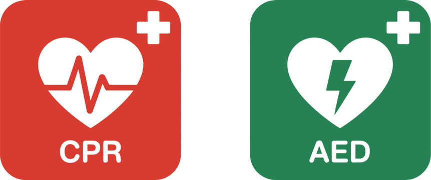 CPR and AED Icon featuring Emergency Defibrillator, Cardiac Rescue, Medical Aid, and Safety Symbols for Training