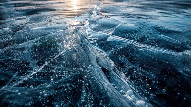 Close up view of deep blue frozen lake ice with intricate cracks and air bubbles trapped beneath the surface during a cold winter day in nature