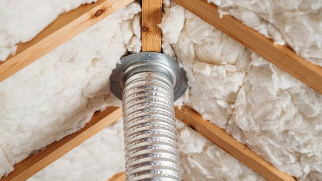 A metal ventilation pipe installed through an attic ceiling with fiberglass insulation between wooden rafters. Ideal for HVAC, construction, and home energy efficiency concepts.