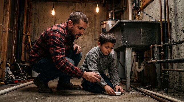 Father and son installing smart water leak detector on basement floor.