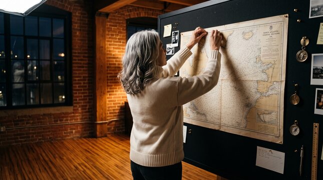 Senior woman pinning vintage map on board in loft office.