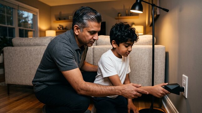 Indian father teaching young son electrical safety by wall outlet at home.