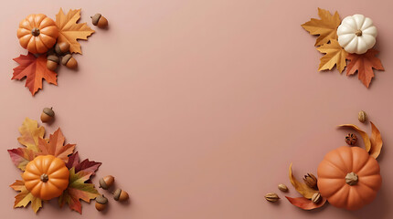 Fototapeta premium Small pumpkins and colorful dry autumn leaves arranged as a corner frame on a light brown table