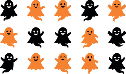 Obraz premium Set of cute halloween ghosts in orange and black colors, spooky cartoon characters for holiday design