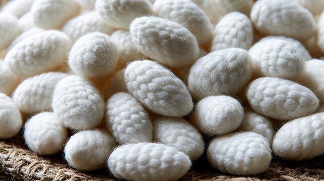 Pile of soft white silkworm cocoons with textured surface on burlap material