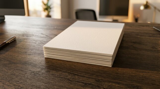 A Blank Stack Of White Paper Resting On A Dark Wooden Office Desk Providing A Professional Corporate Workspace Mockup For Design Presentations