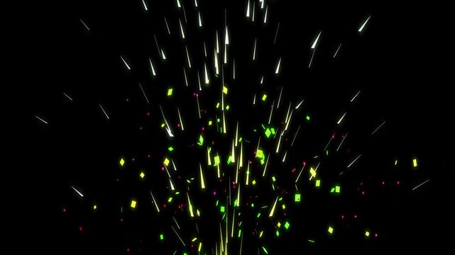 Confetti fired in the air during a party colorful falling metallic glitter foil floating on black background celebratory event holiday festival slow motion explosion sparkling bright motion graphic.