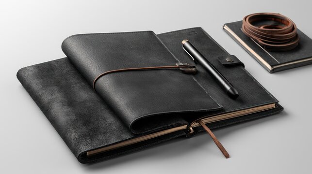 Elegant black leather journal and pen on transparent background