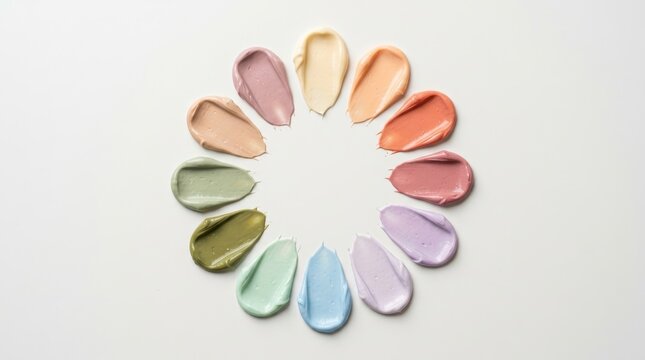 A circular arrangement of colorful cosmetic cream smudges forming a vibrant color wheel on a clean white background for beauty concepts